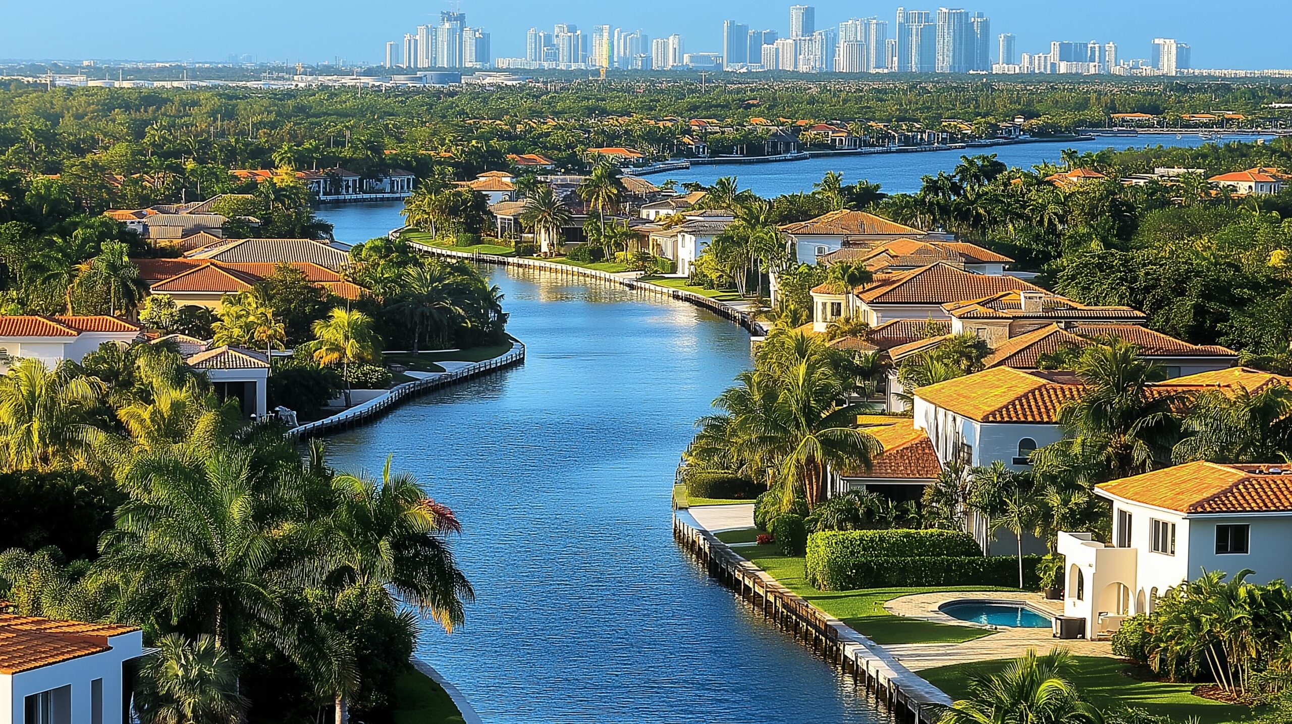 An aerial view of the Fort Lauderdale area, showcasing luxury homes along waterways and palm trees in the foreground.