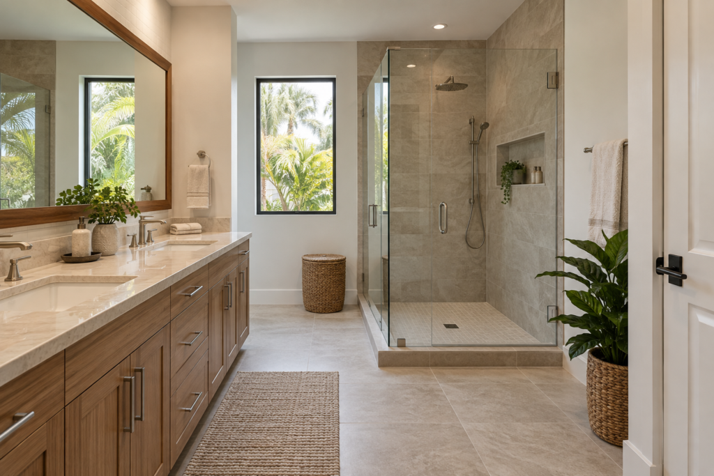 Finished walk-in shower and vanity in a South Florida bathroom renovation