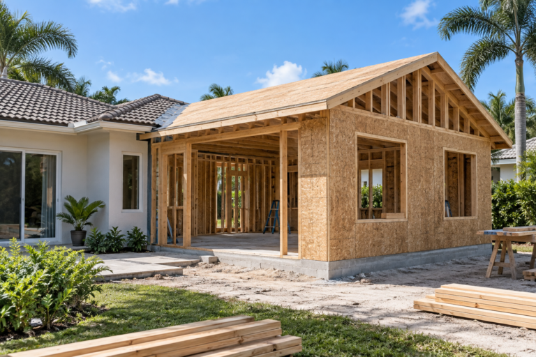 Home addition framing connected to a South Florida residence